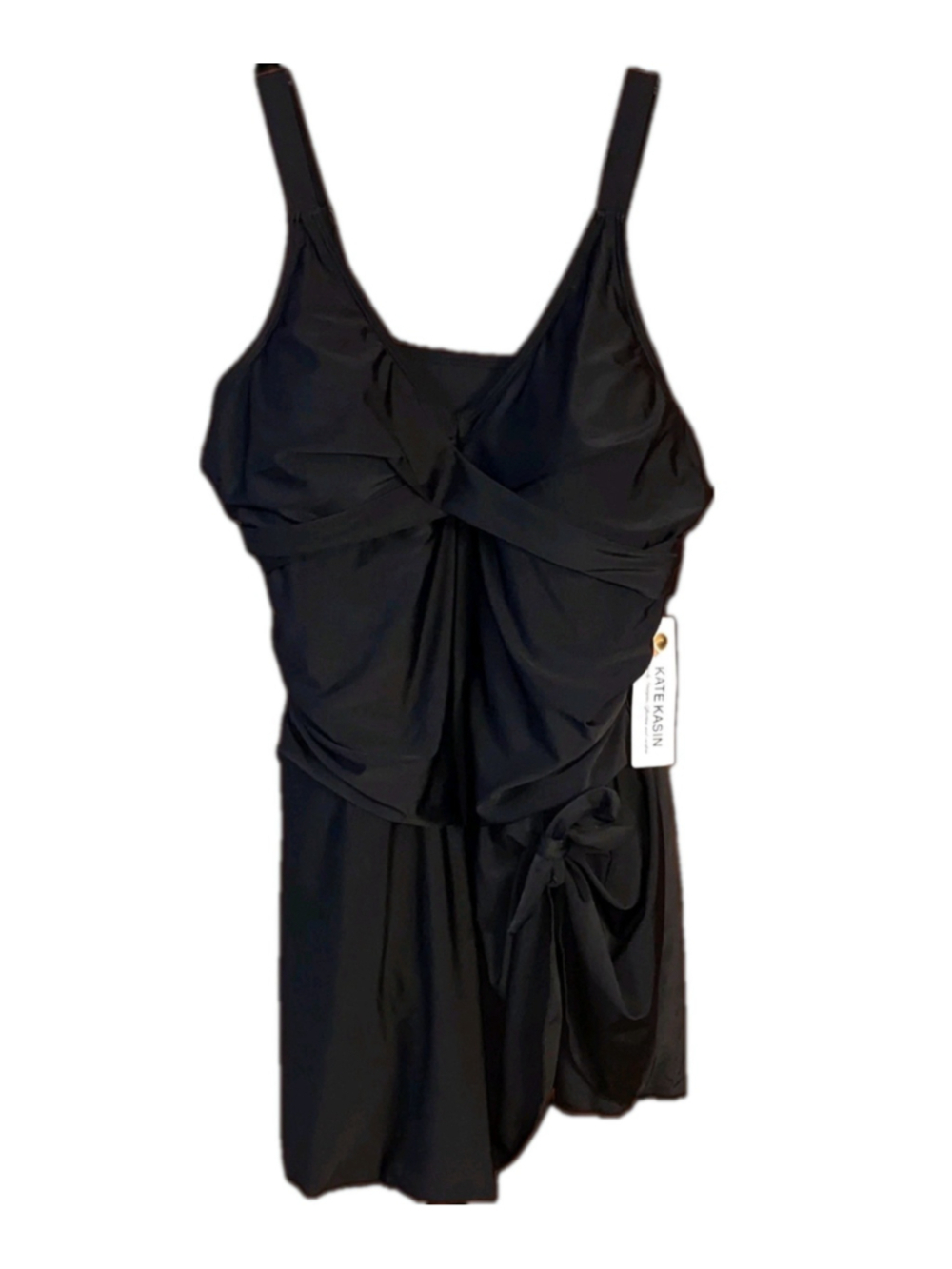 Kate Kasin XL Swim Dress Black V Neck Ruched One Piece Swimsuit NWT - Picture 2 of 9